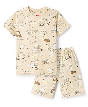 Babyhug Cotton Knit Half Sleeves Co-Ord T-Shirt & Shorts Night Suit With Car Print - Brown & Beige