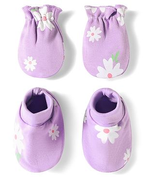 Babyhug 100% Cotton Knit Floral Printed Mittens & Booties Set - Purple