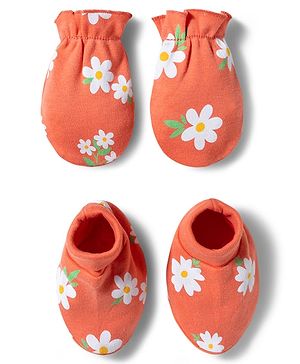 Babyhug 100% Cotton Knit Mittens & Booties with Floral Print - Multicolor