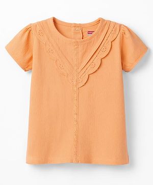 Babyhug Crinkled Crepe Half Sleeves Top With Schiffli Detailing - Orange