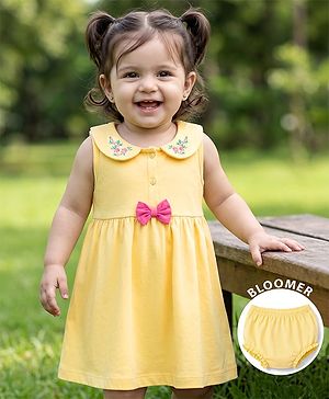 Babyhug Single Jersey Knit Half Sleeves Floral Embroidered Frock With Bloomer With Bow Applique - Yellow