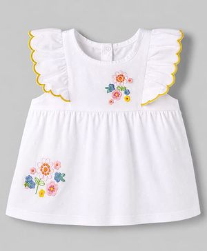 Babyhug 100% Cotton Woven Sleeveless Top with Floral Embroidery - White
