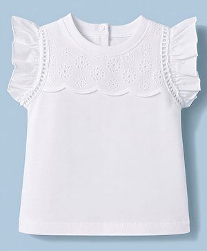 Babyhug 100% Cotton Knit Half Sleeves Solid Colour Top with Schiffli Detailing - White