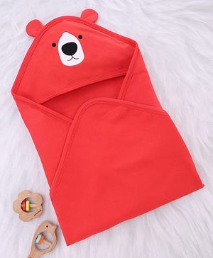 Babyhug Interlock Knit Hooded Towel with Animal Embroidery L 76 x B 76 cm - Red