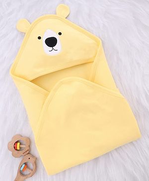 Babyhug Interlock Knit Hooded Towel with Animal Embroidery L 76 x B 76 cm - Yellow