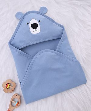 Babyhug Interlock Knit Hooded Towel with Animal Embroidery L 76 x B 76 cm - Blue