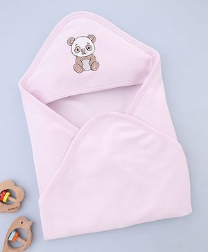 Babyhug Interlock Knit Hooded Wrapper With Panda Embroidery L 76 x B 76 cm - Pink