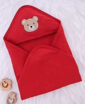 Babyhug Interlock Knit Hooded Towel with Animal Embroidery L 76 x B 76 cm - Red