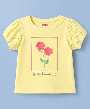Babyhug Cotton Knit Half Sleeves Top With Floral Applique - Yellow
