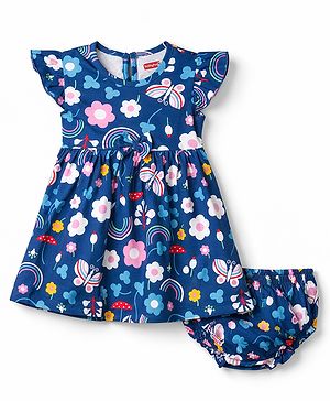 Babyhug Single Jersey Knit Frill Sleeves Printed Frock With Bloomer - Navy Blue