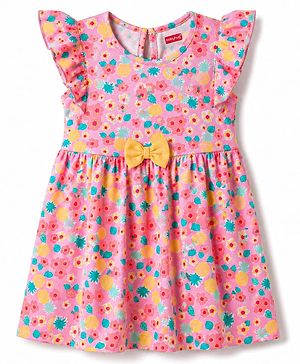 Babyhug Single Jersey Knit Half Sleeves Frock with Floral Print & Bow Applique - Peach