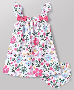 Babyhug Single Jersey Knit Sleeveless Floral & Butterfly  Printed Bow Applique Frock With Bloomer - Multicolor