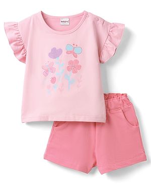 Babyhug Single Jersey Knit Half Sleeves Top & Shorts Set with Floral Print - Pink