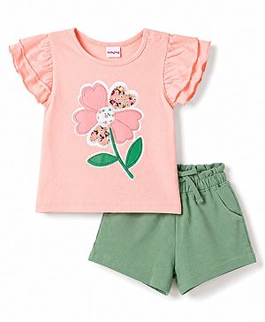 Babyhug 100% Cotton Single Jersey Knit Frill Sleeves Top & Shorts Set With Floral Print - Pink & Green