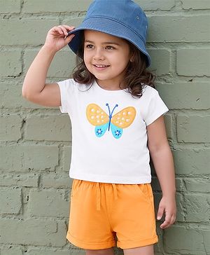 Babyhug Single Jersey Knit Half Sleeves Top & Shorts Set with Butterfly Embroidery - White & Orange