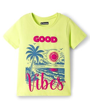 Pine Kids Cotton Knit Half Sleeves T-Shirts With Beach Theme - Limegreen