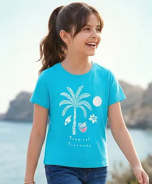Pine Kids Cotton Knit Half Sleeves
                              T-Shirt With Tree Print - Blue