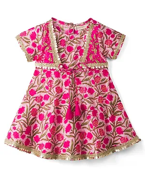 EARTHY TOUCH Cotton Woven Half
                              Sleeves Floral Printed Ethnic Dress With
                              Lace Detailing - Red