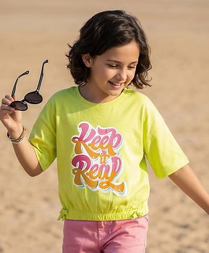 Pine Kids Cotton Knit Drop Shoulder Half Sleeves T-Shirt with Keep It it Real Print - Lime Green