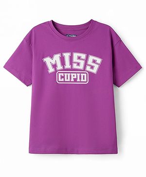 Pine Kids Cotton Knit Half Sleeves T-Shirt With Text Print - Purple