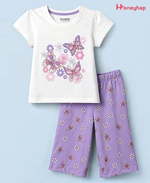 Honeyhap Premium 100% Cotton Knit
                              Half Sleeves Floral & Butterfly
                              Printed T-Shirt & Capri Night Suit
                              With Bio Wash - Lilac