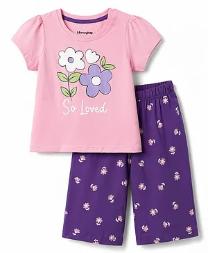 Honeyhap Premium 100% Cotton Knit
                              Half Sleeves Floral Printed T-Shirt &
                              Capri Night Suit With Bio Wash- Light Pink
                              & Purple
