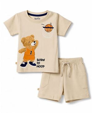 Bonfino 100% Cotton Knit Half Sleeves T-Shirt & Shorts Set With Bear & Basket Ball Print - Beige