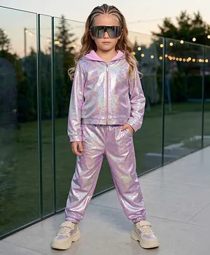 Hola Bonita Knit Full Sleeves
                              Shimmered Hooded Top & Pant Set -
                              Lilac