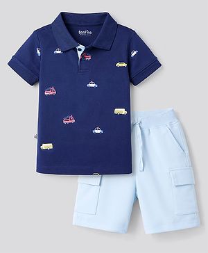 Bonfino 100% Cotton Woven Half Sleeves Emergency Vehicles Printed Polo T-Shirt & Shorts Set- Navy Blue
