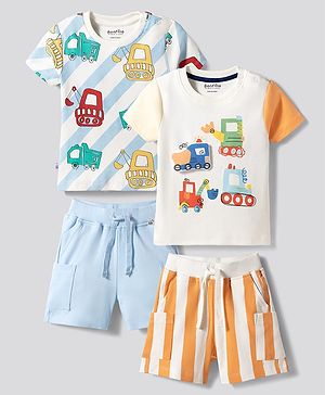 Bonfino 100% Cotton Knit Half Sleeves T-Shirts & Cargo Shorts Set with Vehicle Print & Stripes Pack Of 2 - Multicolor
