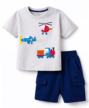 Bonfino 100% Cotton Knit Half Sleeves Oversized Drop Shoulder Vehicles Printed T-Shirt & Shorts Set - Navy Blue & Grey