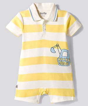 Bonfino 100% Cotton Knit Half Sleeve Striped Polo Romper with Vehicle Print - White