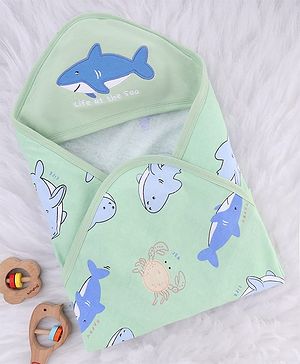Babyhug Cotton Knit Hooded Towel With Shark Print & Embroidery L 75 x B 75 cm - Green