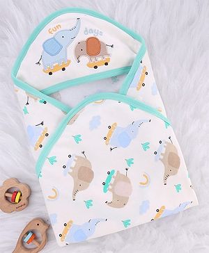 Babyhug Cotton Knit Hooded Towel With Elephant Print & Embroidery L 75 x B 75 cm - Blue