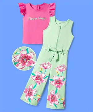 OLLINGTON ST. Sinker Knit Sleeveless
                              Dungaree & T-Shirt With Text &
                              Floral Print - Pink & Green
