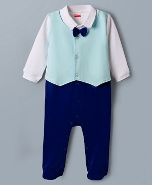 Babyhug Cotton Knit Full Sleeves Footed Solid Party Romper With Bow Applique & Attached Waistcoat - Blue