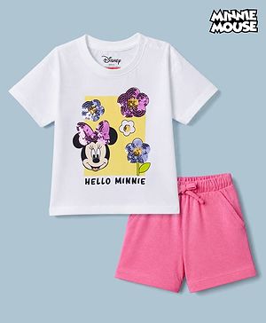 Babyhug Disney 100% Cotton Single Jersey Knit Half Sleeves T-Shirt and Shorts with Minnie Mouse & Flowers Print with Sequins - White, Pink