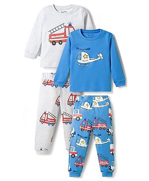 Bonfino 100% Cotton Knit Full Sleeves Co-Ord T-Shirt & Pyjama Night Suit With Emergency Vehicles Print Pack of 2 - Multicolor