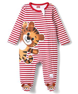 Babyhug Cotton Knit Full Sleeves Striped Footed Sleepsuit WIth Lion Graphics & Applique - Red