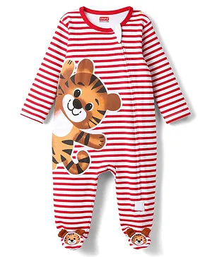 Babyhug Cotton Knit Full Sleeves
                              Striped Footed Sleepsuit WIth Lion
                              Graphics & Applique - Red