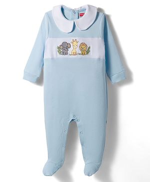Babyhug Cotton Knit Full Sleeves Footed Sleepsuit With Animal Embroidery - Blue