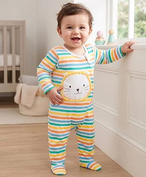 Babyhug Cotton Knit Full Sleeves Striped Sleep Suit with Bear Patch - Multicolor