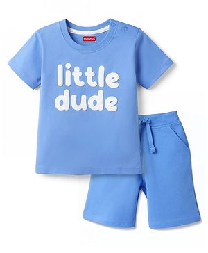 Kookie Kids Single Jersey Knit Half Sleeves T-Shirt & Shorts Set with Little Dude Print - Blue