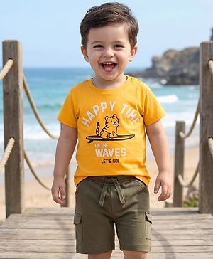 Babyhug Slub Jersey Knit Half Sleeves T-Shirt & Shorts Set with Text Print - Yellow & Olive Green