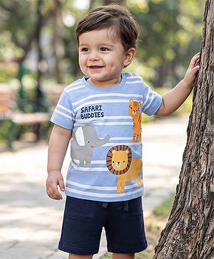 Babyhug 100% Cotton Single Jersey Knit Half Sleeves Striped T-Shirt & Shorts Set With Animal Print - Blue