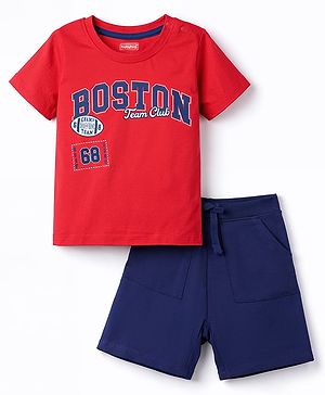 Kookie Kids Single Jersey Knit Half Sleeves T-Shirt & Shorts Set with Boston Print - Navy Blue