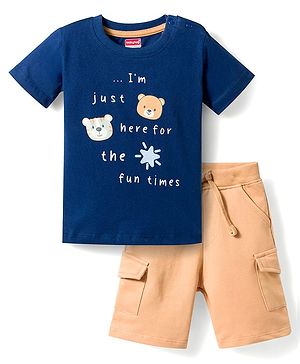 Babyhug Slub Jersey Knit Half Sleeves Animal Printed T-Shirt & Shorts Set - Navy Blue
