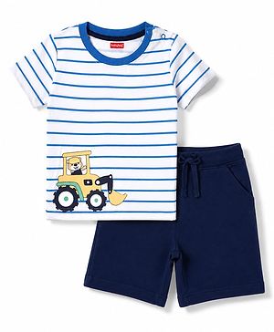 Kookie Kids 100% Cotton Single Jersey Knit Half Sleeves Striped T-Shirt & Shorts With JCB Print - Blue