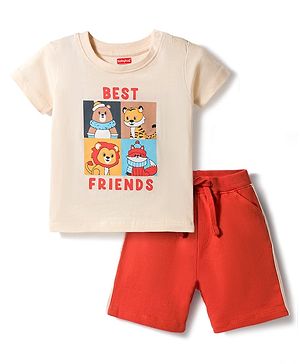 Babyhug Single Jersey Knit Half Sleeves T-Shirt & Shorts Set with Animal Print - Rust Orange