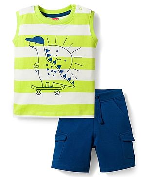 Babyhug Single Jersey Knit Sleeveless Striped Dino Printed Tank T-Shirt & Shorts Set - Multicolor